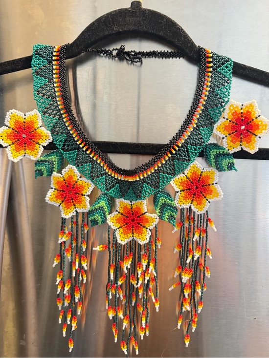 Handmade Jewelry - Handmade Floral Seed-Bead Necklace in Green with Yellow & Red Accents an Earrigs